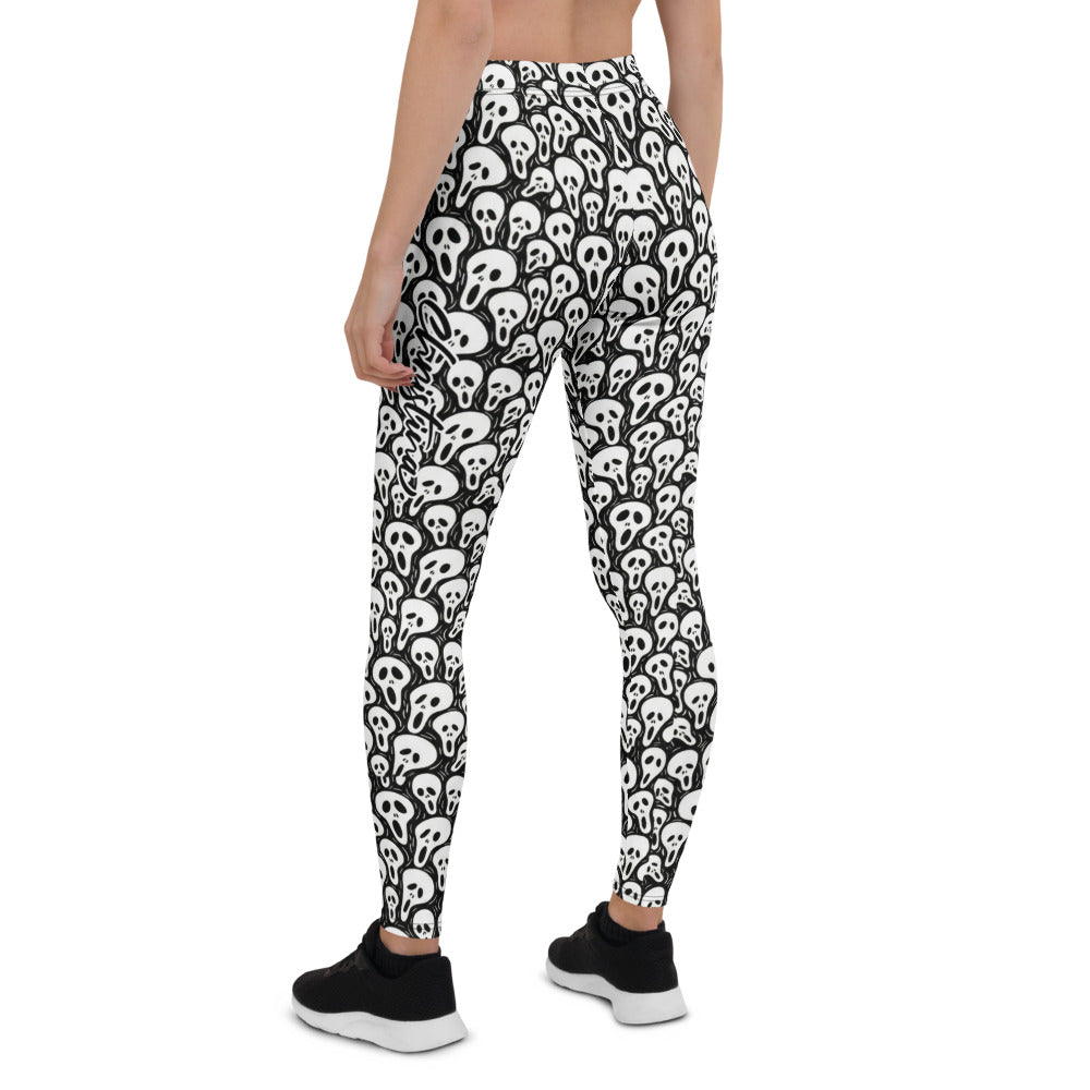 Personalisierte Damen Sportleggings Totenkopf Masken Design Schwarz Weiß Fitness Yoga Leggings Q032