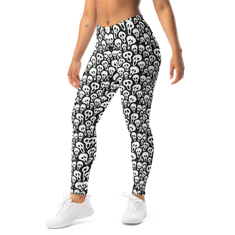 Personalisierte Damen Sportleggings Totenkopf Masken Design Schwarz Weiß Fitness Yoga Leggings Q032