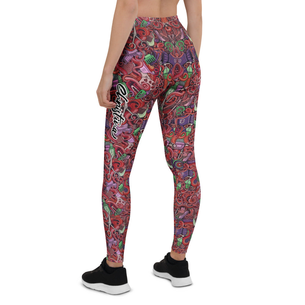 Personalisierte Damen Sportleggings Friseur Motiv Rot Bunt Fitness Leggings Scheren Design Yoga Hose Q408