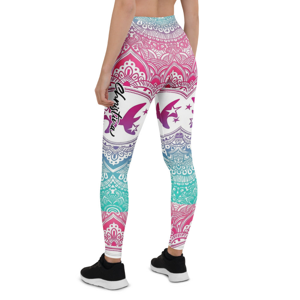 Personalisierte Damen Sportleggings Mandala Design Weiß Bunt Sternzeichen Fische Yoga Fitness Leggings U320