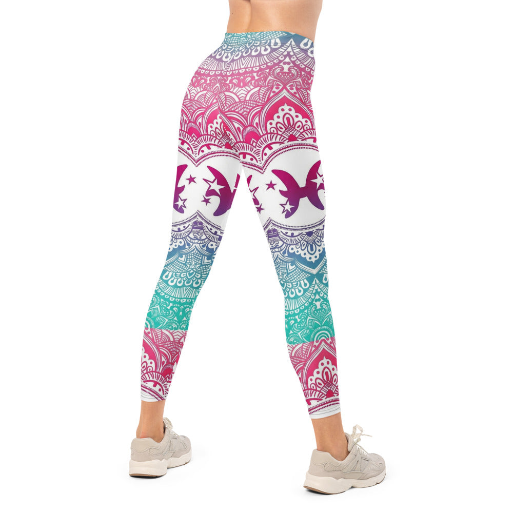 Personalisierte Damen Sportleggings Mandala Design Weiß Bunt Sternzeichen Fische Yoga Fitness Leggings U320