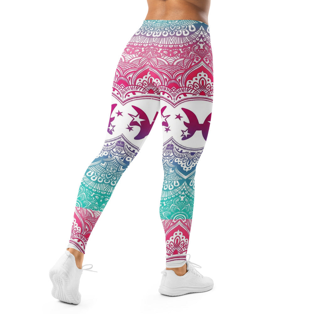 Personalisierte Damen Sportleggings Mandala Design Weiß Bunt Sternzeichen Fische Yoga Fitness Leggings U320