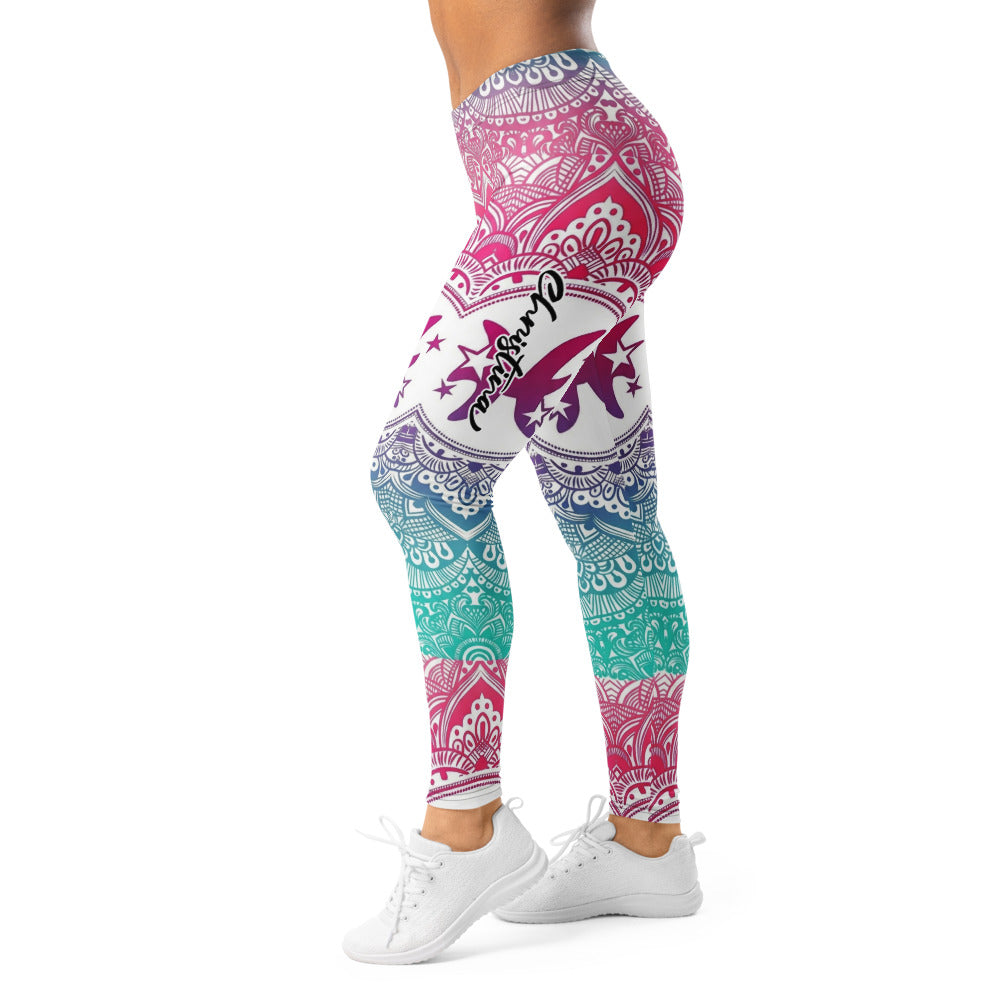 Personalisierte Damen Sportleggings Mandala Design Weiß Bunt Sternzeichen Fische Yoga Fitness Leggings U320