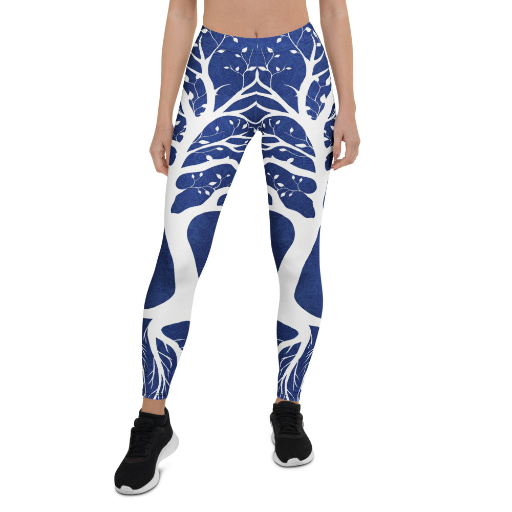Personalisierte Damen Sportleggings Baum des Lebens Design Blau Weiß Fitness Leggings Yoga Hose Natur Muster X253
