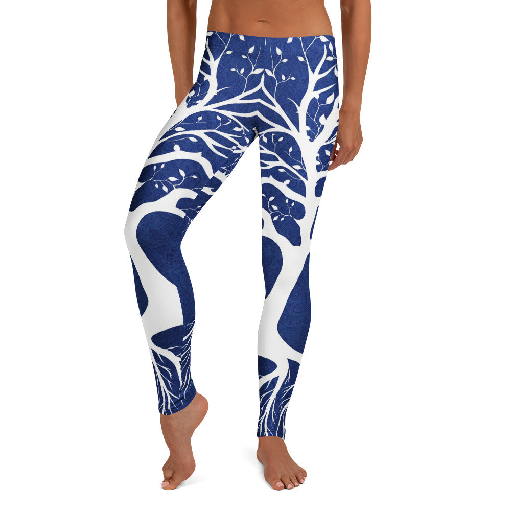 Personalisierte Damen Sportleggings Baum des Lebens Design Blau Weiß Fitness Leggings Yoga Hose Natur Muster X253