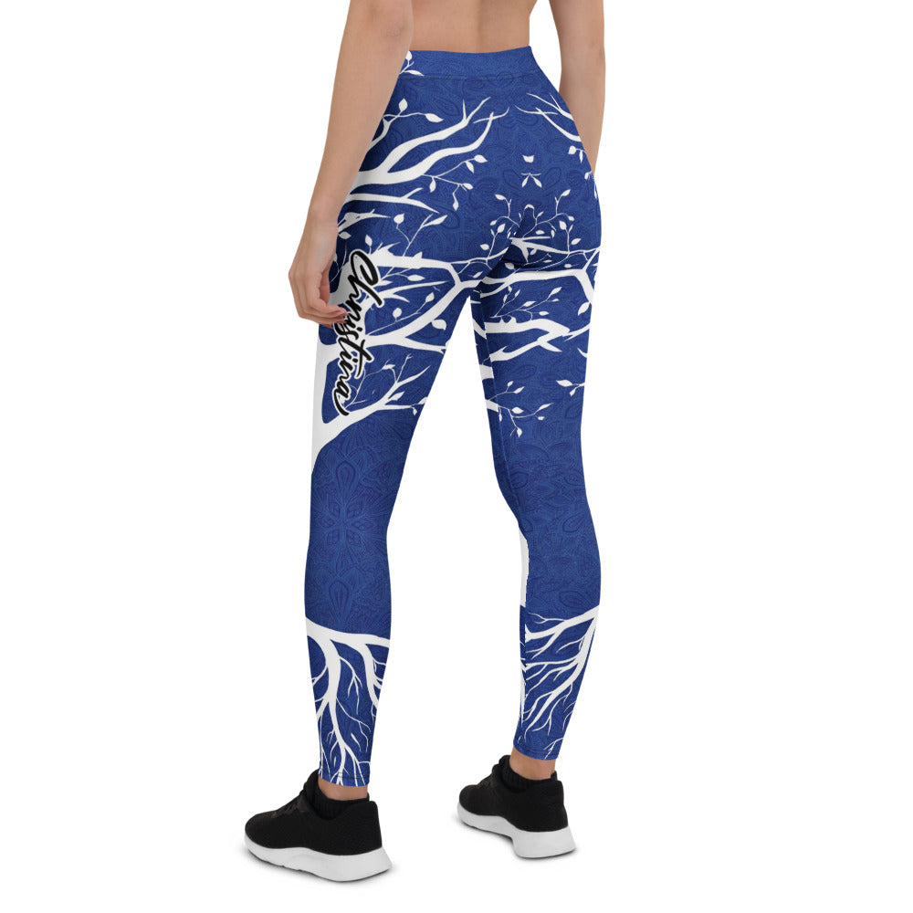Personalisierte Damen Sportleggings Baum des Lebens Design Blau Weiß Fitness Leggings Yoga Hose Natur Muster X253