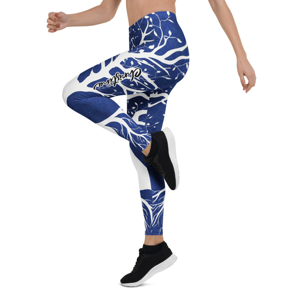 Personalisierte Damen Sportleggings Baum des Lebens Design Blau Weiß Fitness Leggings Yoga Hose Natur Muster X253