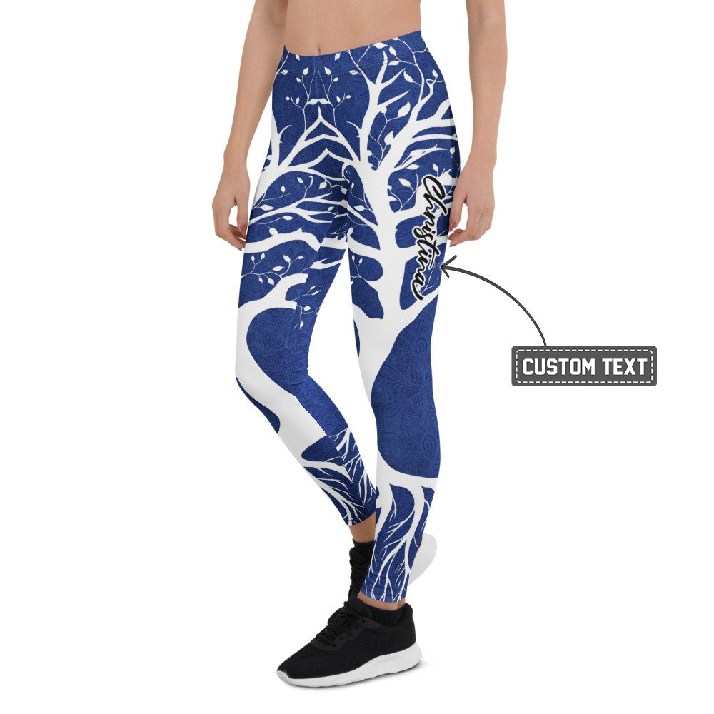 Personalisierte Damen Sportleggings Baum des Lebens Design Blau Weiß Fitness Leggings Yoga Hose Natur Muster X253 - XL