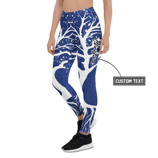 Personalisierte Damen Sportleggings Baum des Lebens Design Blau Weiß Fitness Leggings Yoga Hose Natur Muster X253 - XL