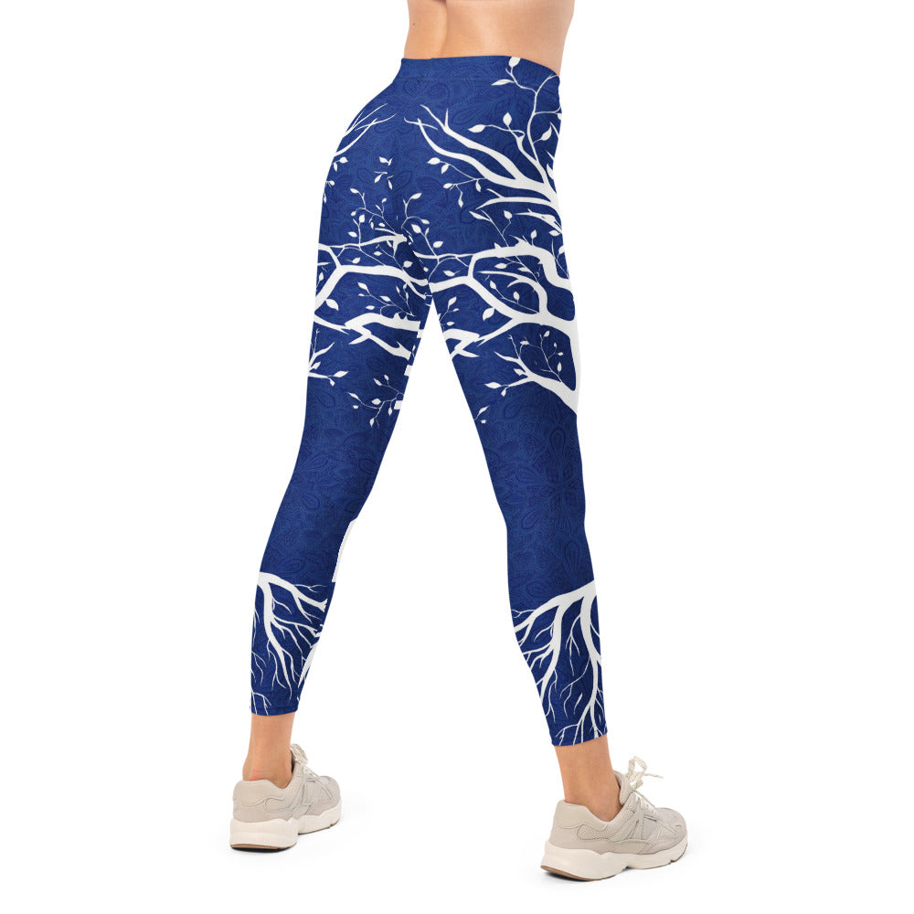 Personalisierte Damen Sportleggings Baum des Lebens Design Blau Weiß Fitness Leggings Yoga Hose Natur Muster X253