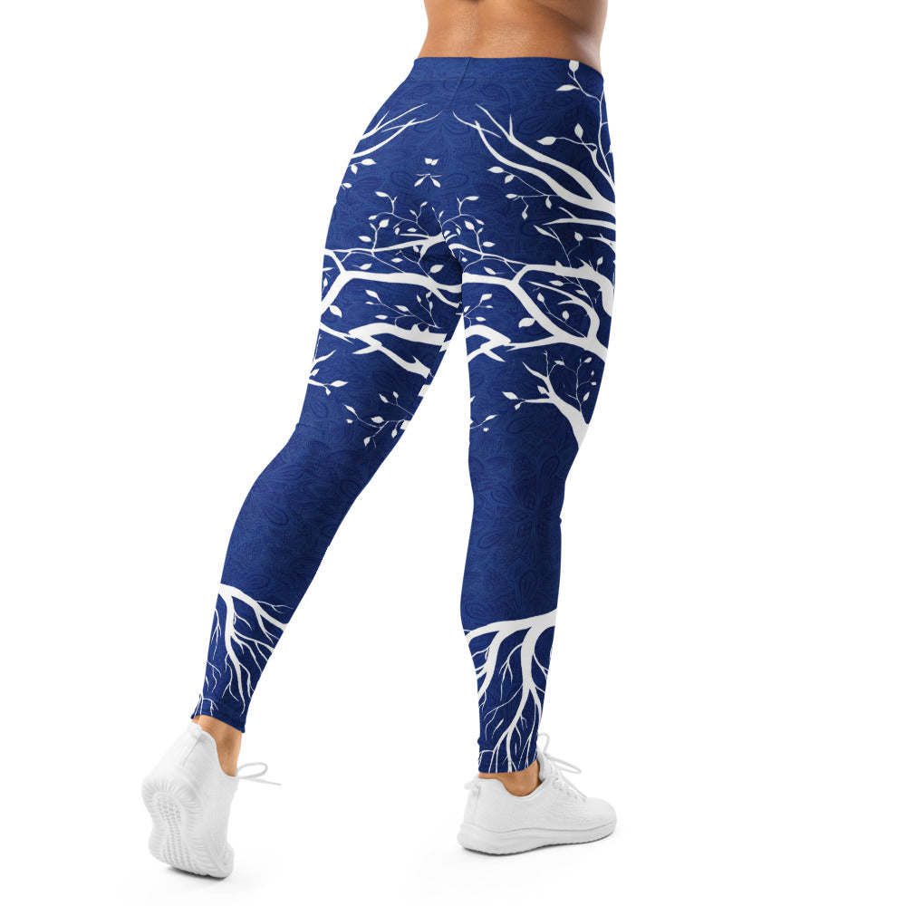 Personalisierte Damen Sportleggings Baum des Lebens Design Blau Weiß Fitness Leggings Yoga Hose Natur Muster X253
