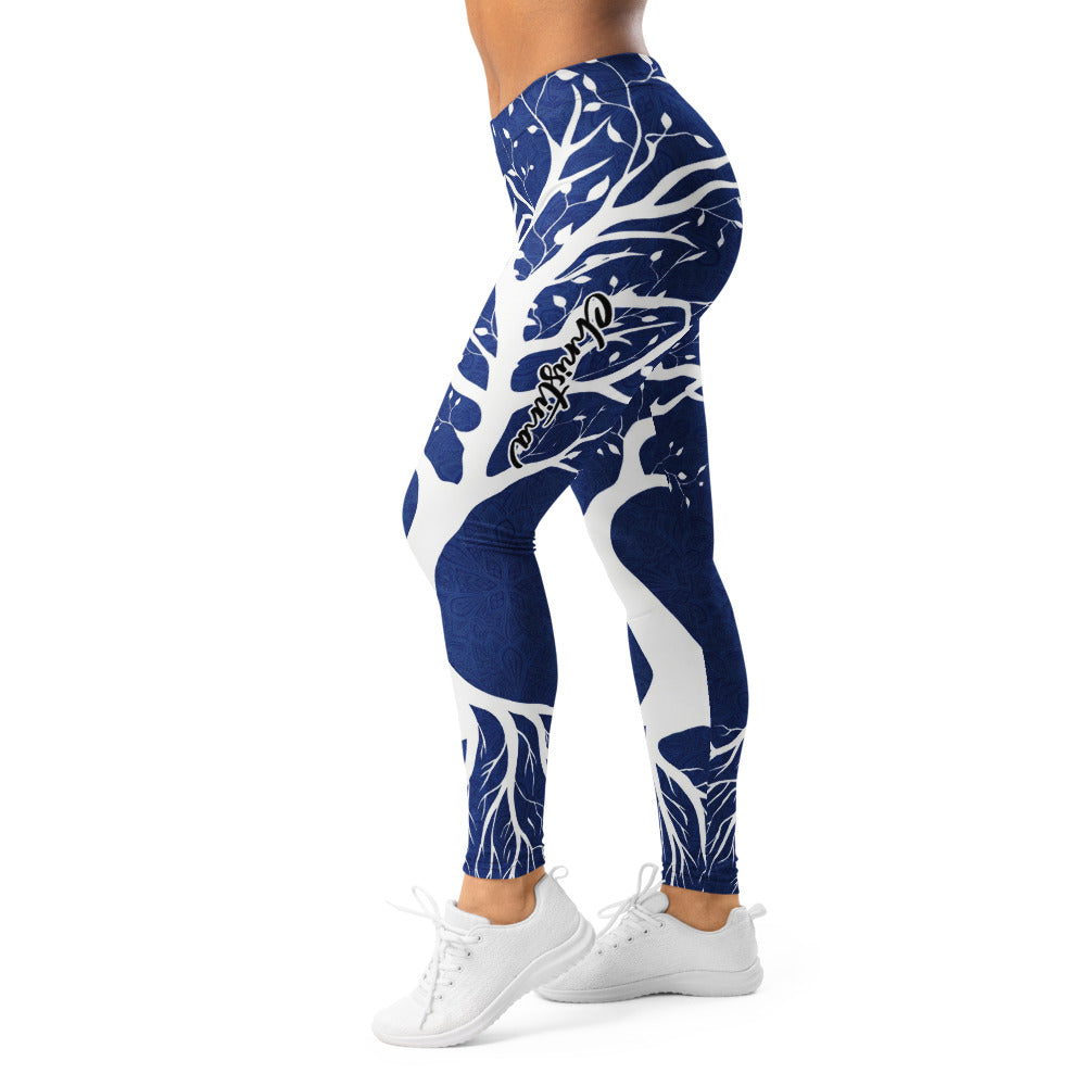 Personalisierte Damen Sportleggings Baum des Lebens Design Blau Weiß Fitness Leggings Yoga Hose Natur Muster X253