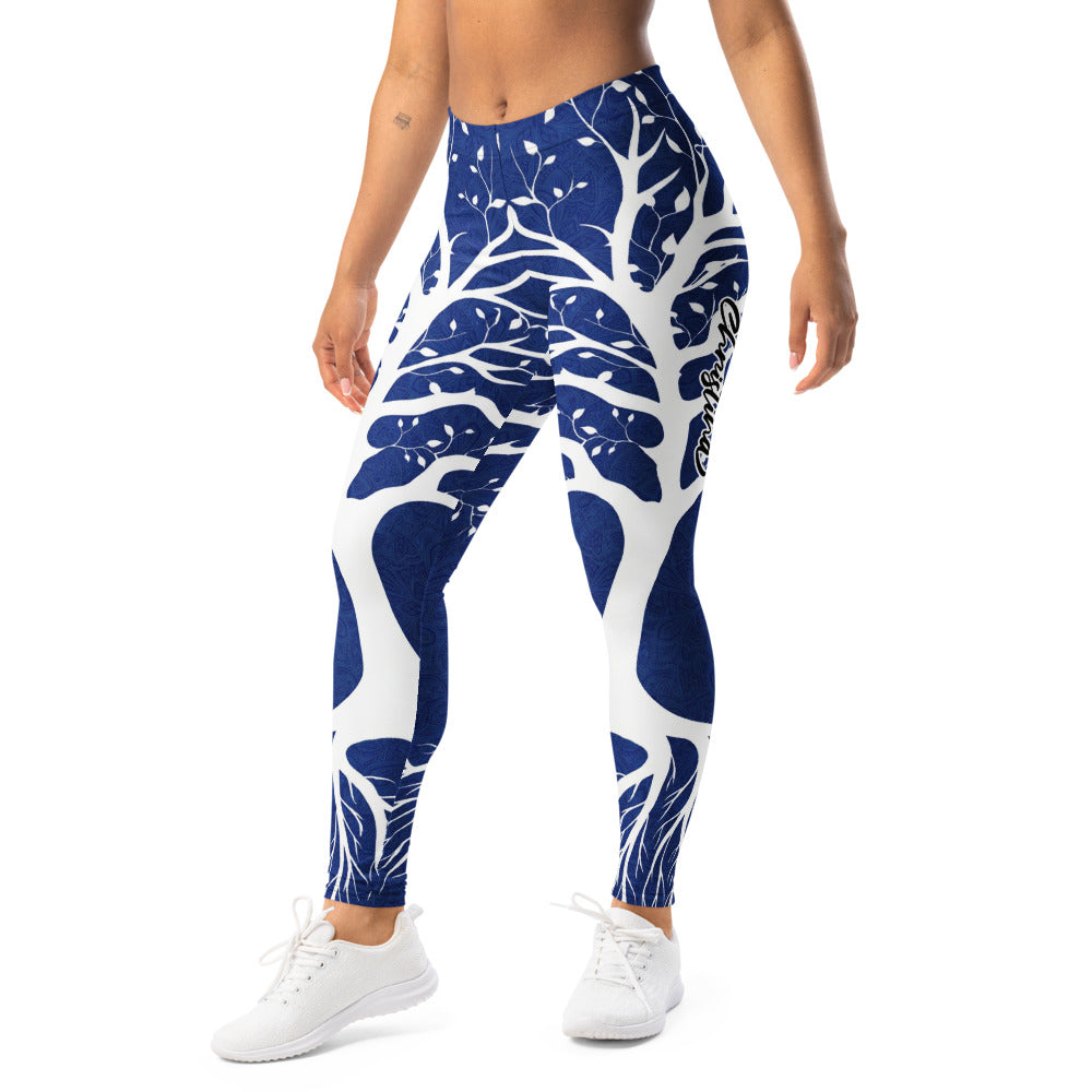 Personalisierte Damen Sportleggings Baum des Lebens Design Blau Weiß Fitness Leggings Yoga Hose Natur Muster X253