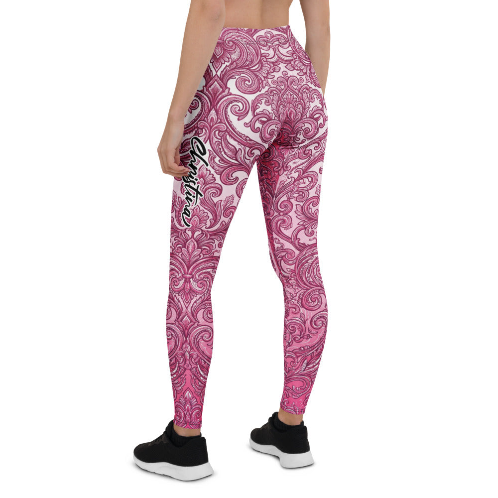 Personalisierte Sportleggings Damen Barock Ornament Design Pink Beere Fitness Yoga Leggings G357
