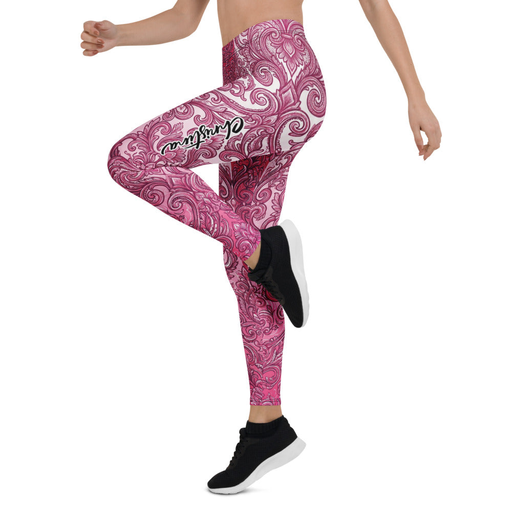Personalisierte Sportleggings Damen Barock Ornament Design Pink Beere Fitness Yoga Leggings G357