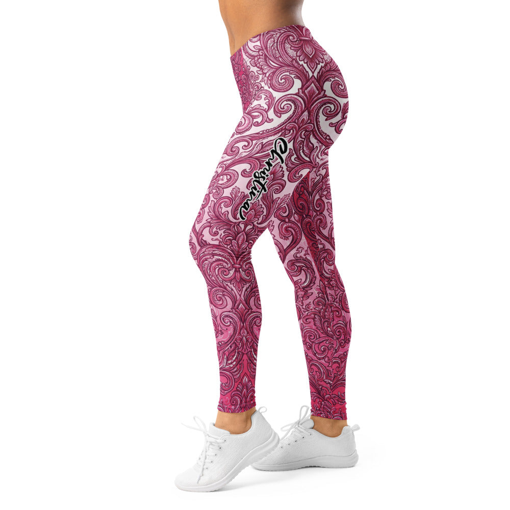 Personalisierte Sportleggings Damen Barock Ornament Design Pink Beere Fitness Yoga Leggings G357