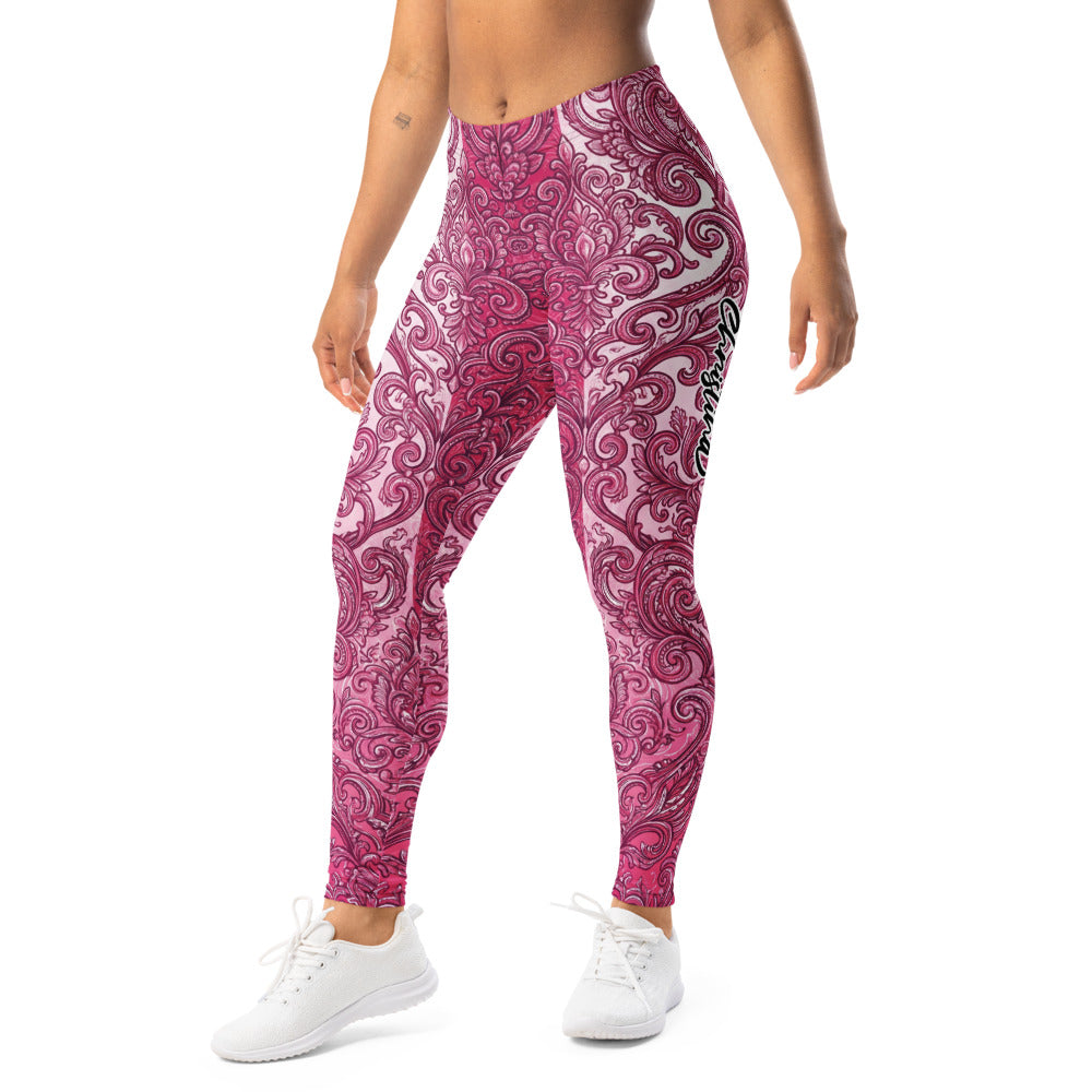 Personalisierte Sportleggings Damen Barock Ornament Design Pink Beere Fitness Yoga Leggings G357
