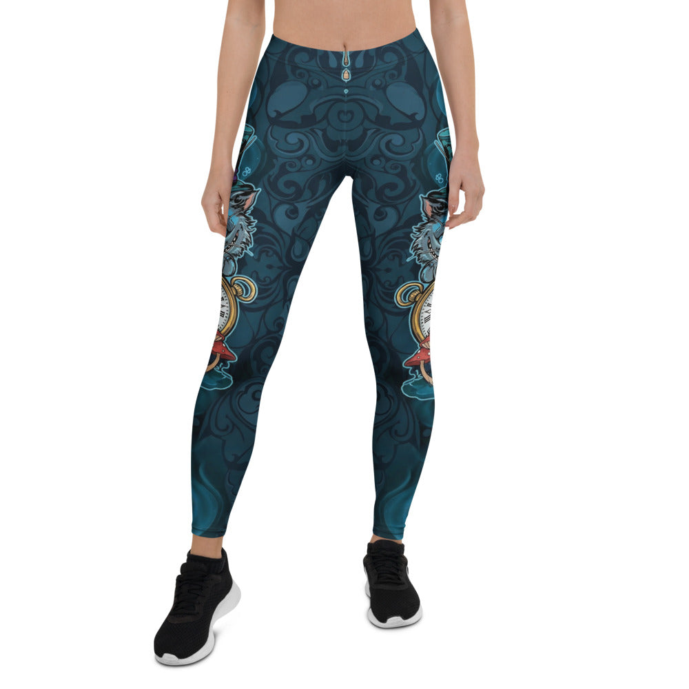 Personalisierte Damen Sportleggings Grinsekatze Motiv Dunkelblau Petrol Fitnesshose Yoga Leggings Fantasy Design I256