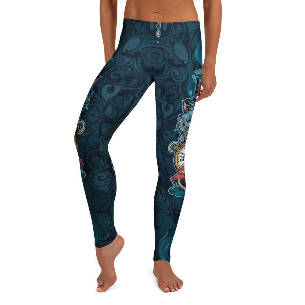 Personalisierte Damen Sportleggings Grinsekatze Motiv Dunkelblau Petrol Fitnesshose Yoga Leggings Fantasy Design I256