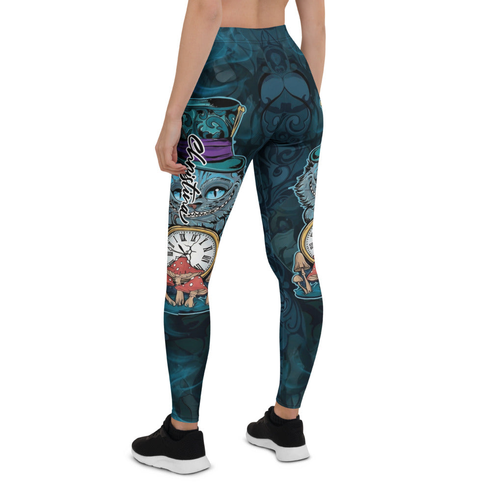 Personalisierte Damen Sportleggings Grinsekatze Motiv Dunkelblau Petrol Fitnesshose Yoga Leggings Fantasy Design I256