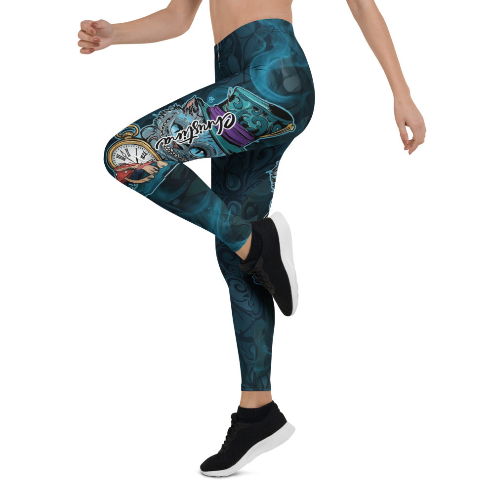 Personalisierte Damen Sportleggings Grinsekatze Motiv Dunkelblau Petrol Fitnesshose Yoga Leggings Fantasy Design I256
