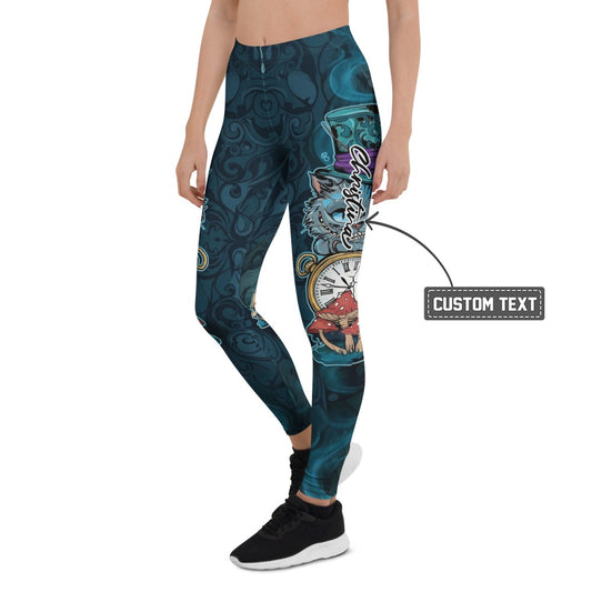 Personalisierte Damen Sportleggings Grinsekatze Motiv Dunkelblau Petrol Fitnesshose Yoga Leggings Fantasy Design I256 - XL