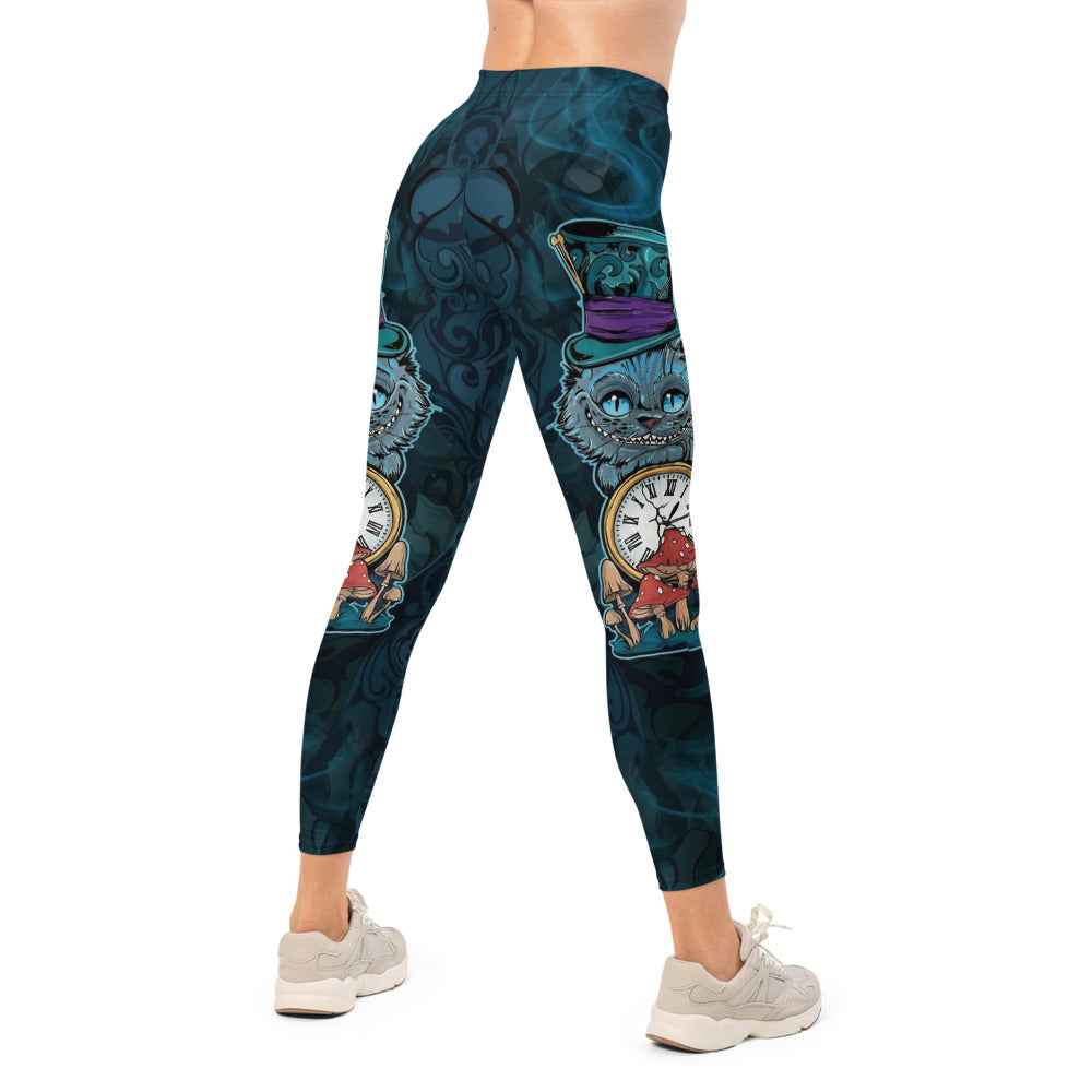 Personalisierte Damen Sportleggings Grinsekatze Motiv Dunkelblau Petrol Fitnesshose Yoga Leggings Fantasy Design I256