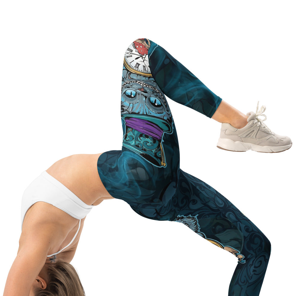 Personalisierte Damen Sportleggings Grinsekatze Motiv Dunkelblau Petrol Fitnesshose Yoga Leggings Fantasy Design I256