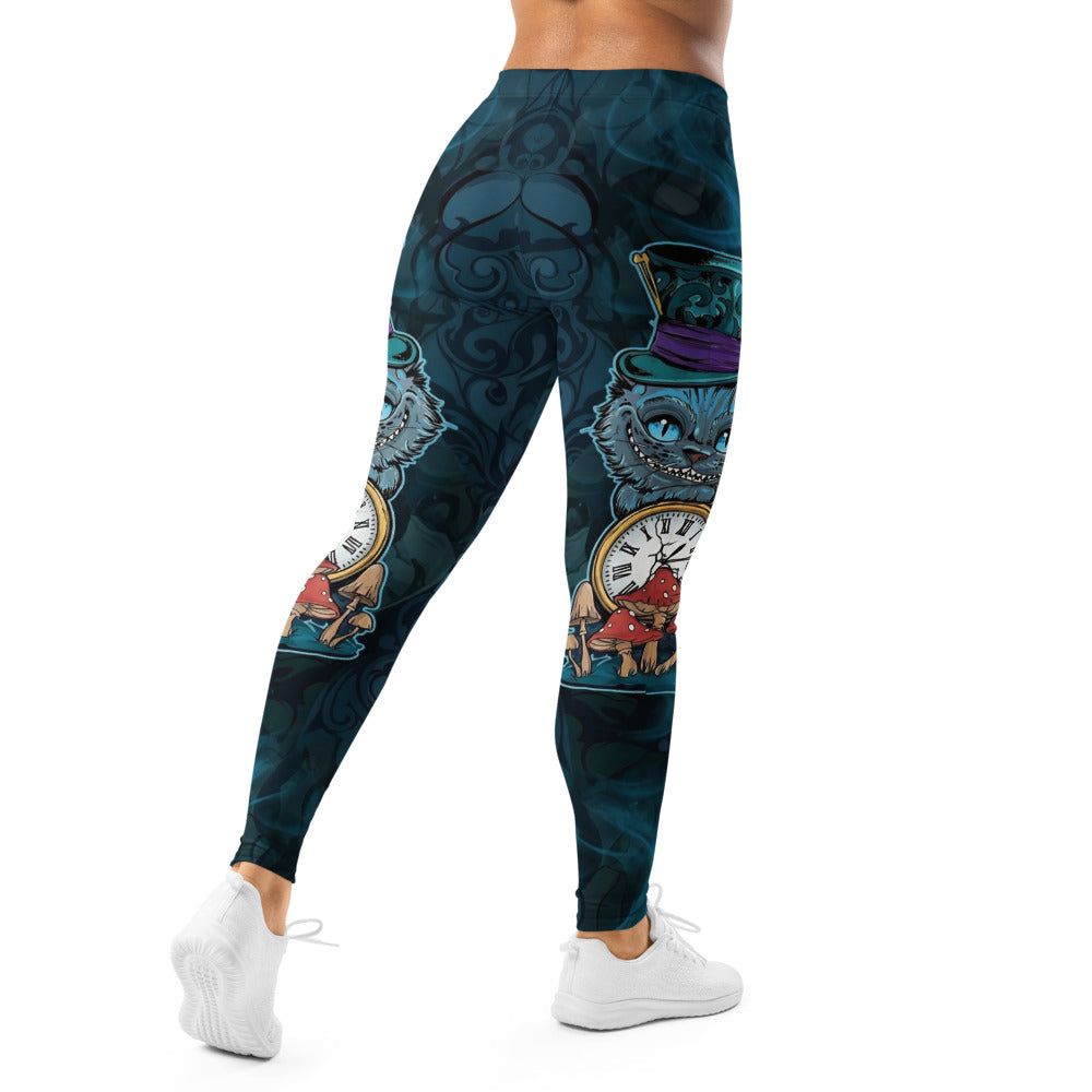 Personalisierte Damen Sportleggings Grinsekatze Motiv Dunkelblau Petrol Fitnesshose Yoga Leggings Fantasy Design I256