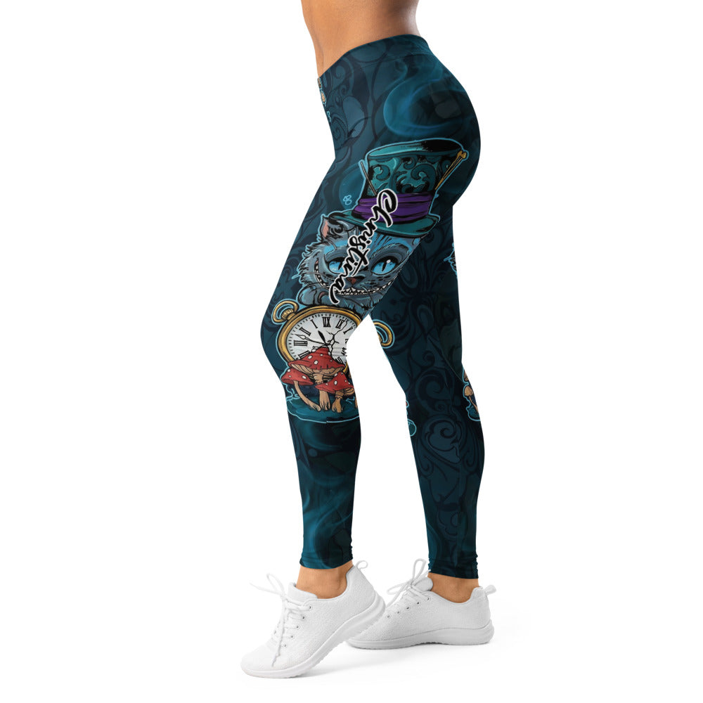 Personalisierte Damen Sportleggings Grinsekatze Motiv Dunkelblau Petrol Fitnesshose Yoga Leggings Fantasy Design I256
