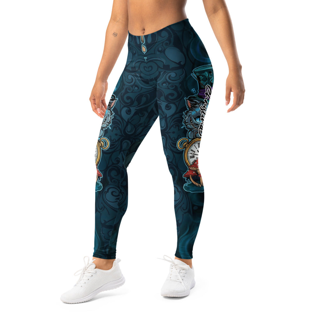 Personalisierte Damen Sportleggings Grinsekatze Motiv Dunkelblau Petrol Fitnesshose Yoga Leggings Fantasy Design I256