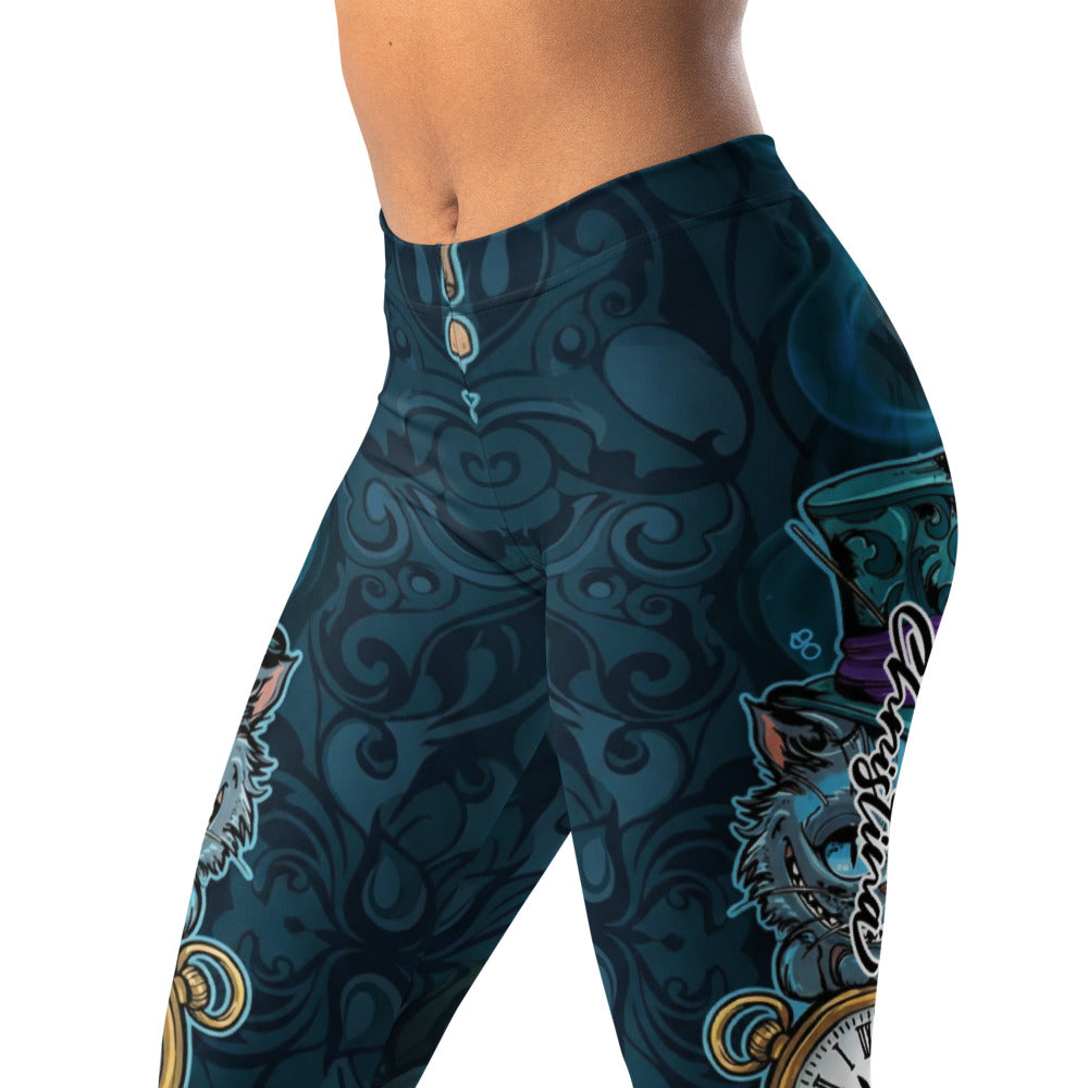 Personalisierte Damen Sportleggings Grinsekatze Motiv Dunkelblau Petrol Fitnesshose Yoga Leggings Fantasy Design I256