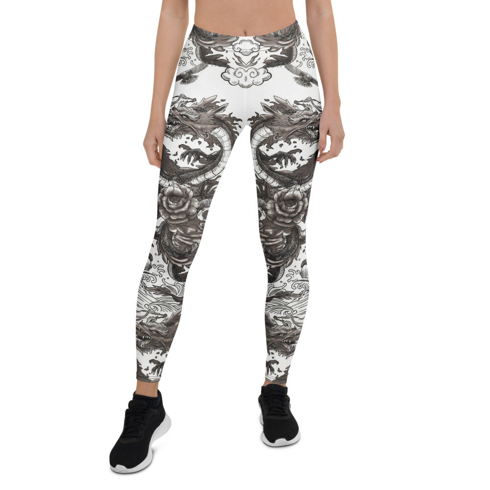 Personalisierte Damen Sportleggings Drachen Tattoo Design Schwarz Weiß Japanischer Stil Fitness Leggings V914
