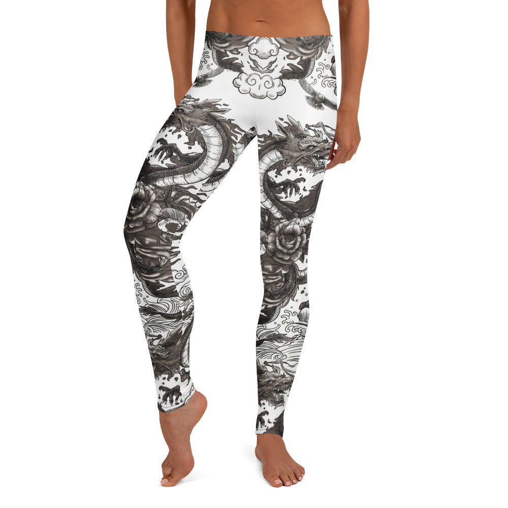 Personalisierte Damen Sportleggings Drachen Tattoo Design Schwarz Weiß Japanischer Stil Fitness Leggings V914