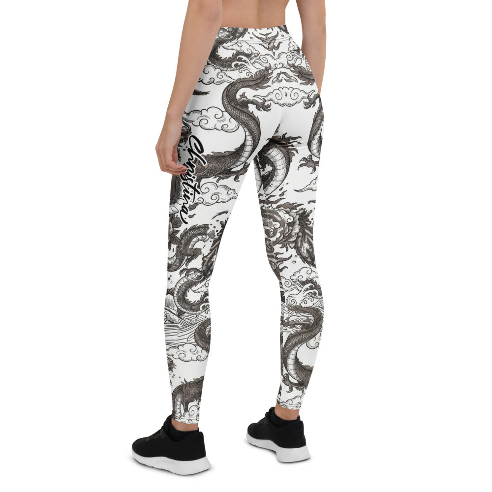 Personalisierte Damen Sportleggings Drachen Tattoo Design Schwarz Weiß Japanischer Stil Fitness Leggings V914