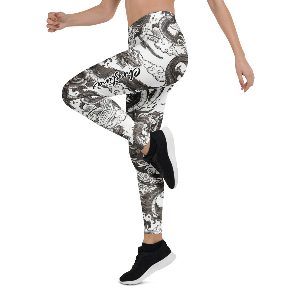 Personalisierte Damen Sportleggings Drachen Tattoo Design Schwarz Weiß Japanischer Stil Fitness Leggings V914