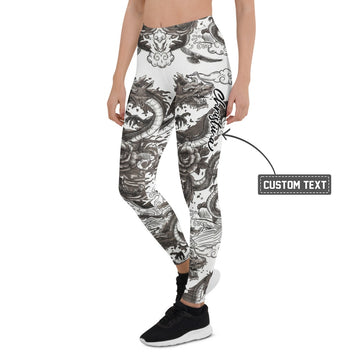 Personalisierte Damen Sportleggings Drachen Tattoo Design Schwarz Weiß Japanischer Stil Fitness Leggings V914 - XL