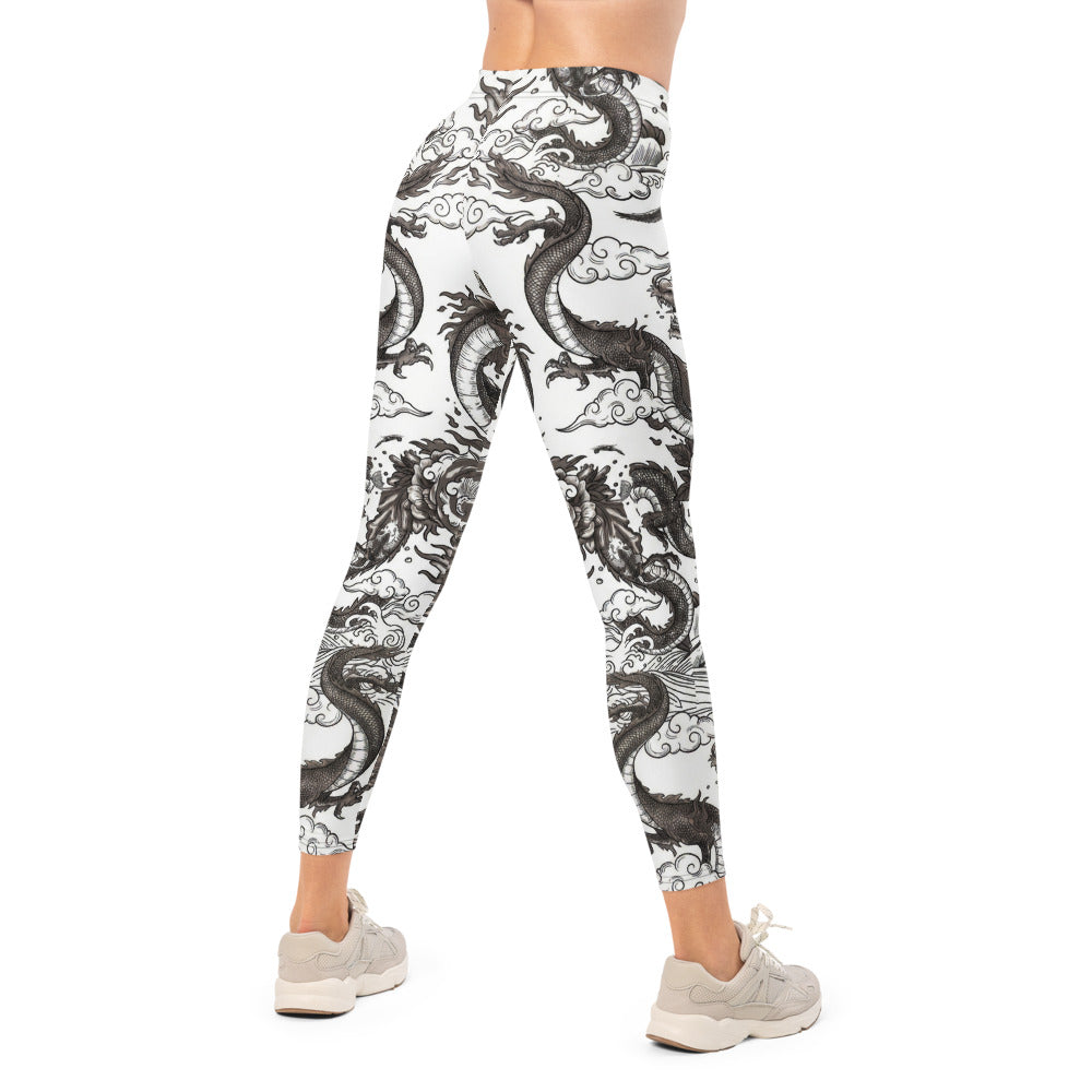 Personalisierte Damen Sportleggings Drachen Tattoo Design Schwarz Weiß Japanischer Stil Fitness Leggings V914