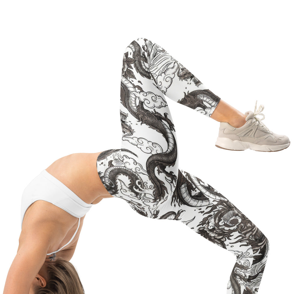 Personalisierte Damen Sportleggings Drachen Tattoo Design Schwarz Weiß Japanischer Stil Fitness Leggings V914