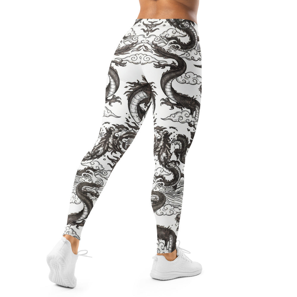 Personalisierte Damen Sportleggings Drachen Tattoo Design Schwarz Weiß Japanischer Stil Fitness Leggings V914