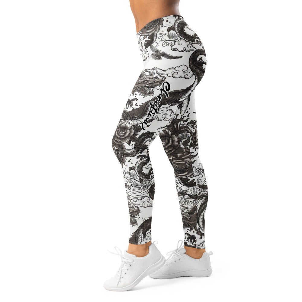Personalisierte Damen Sportleggings Drachen Tattoo Design Schwarz Weiß Japanischer Stil Fitness Leggings V914