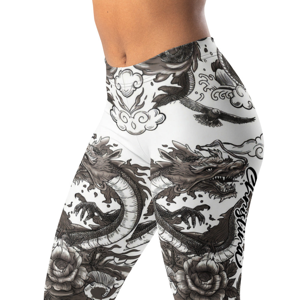 Personalisierte Damen Sportleggings Drachen Tattoo Design Schwarz Weiß Japanischer Stil Fitness Leggings V914