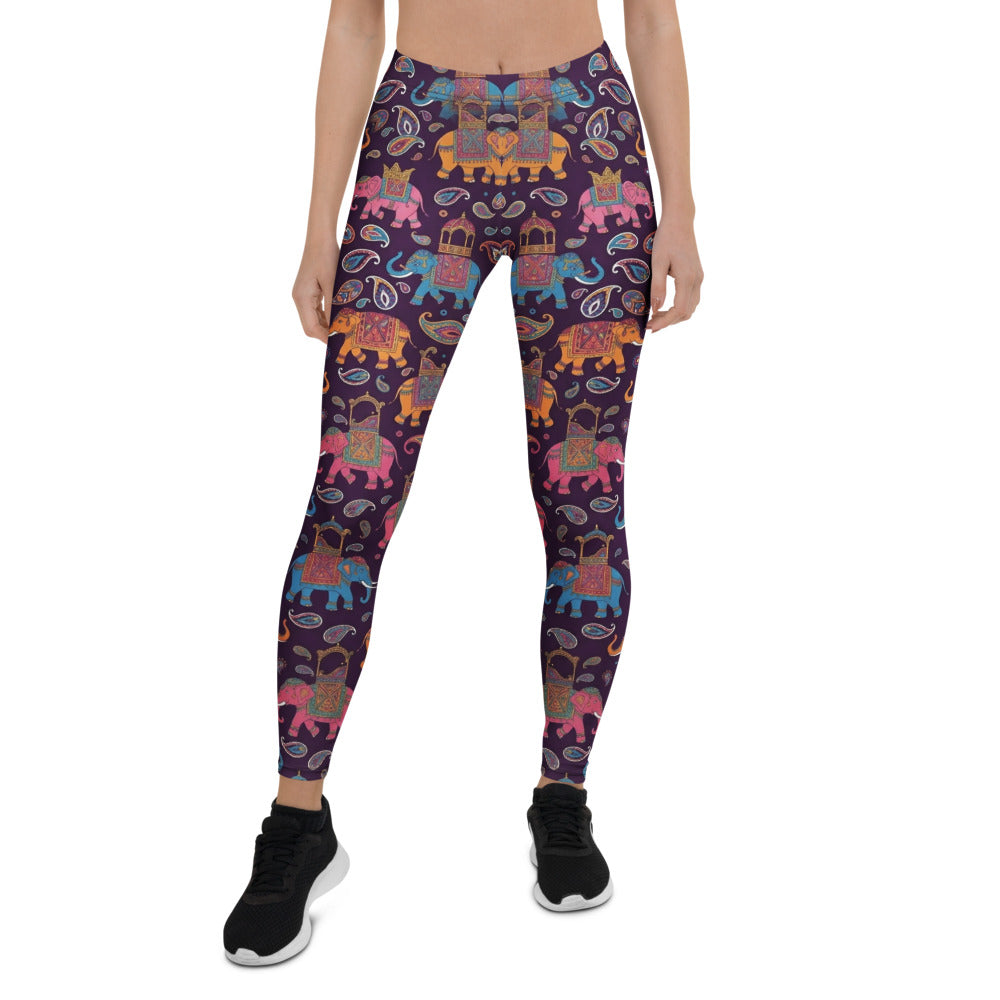 Personalisierte Damen Sportleggings Elefanten Muster Lila Paisley Design Yoga Fitnesshose Bunt A497