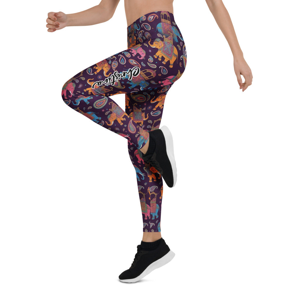 Personalisierte Damen Sportleggings Elefanten Muster Lila Paisley Design Yoga Fitnesshose Bunt A497