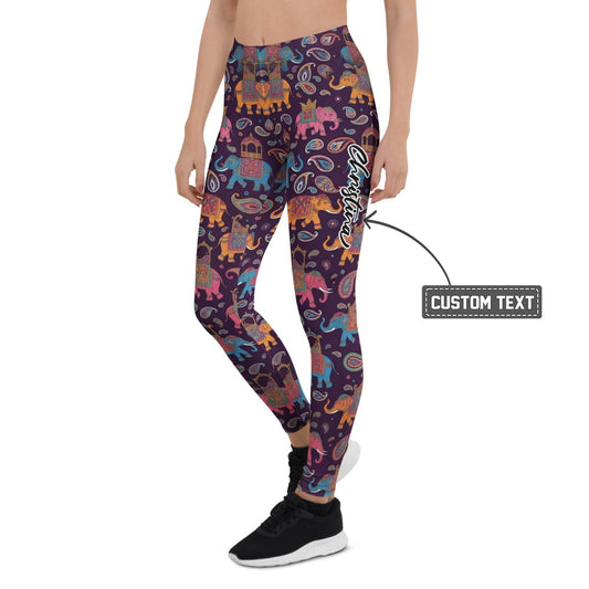 Personalisierte Damen Sportleggings Elefanten Muster Lila Paisley Design Yoga Fitnesshose Bunt A497 - XL