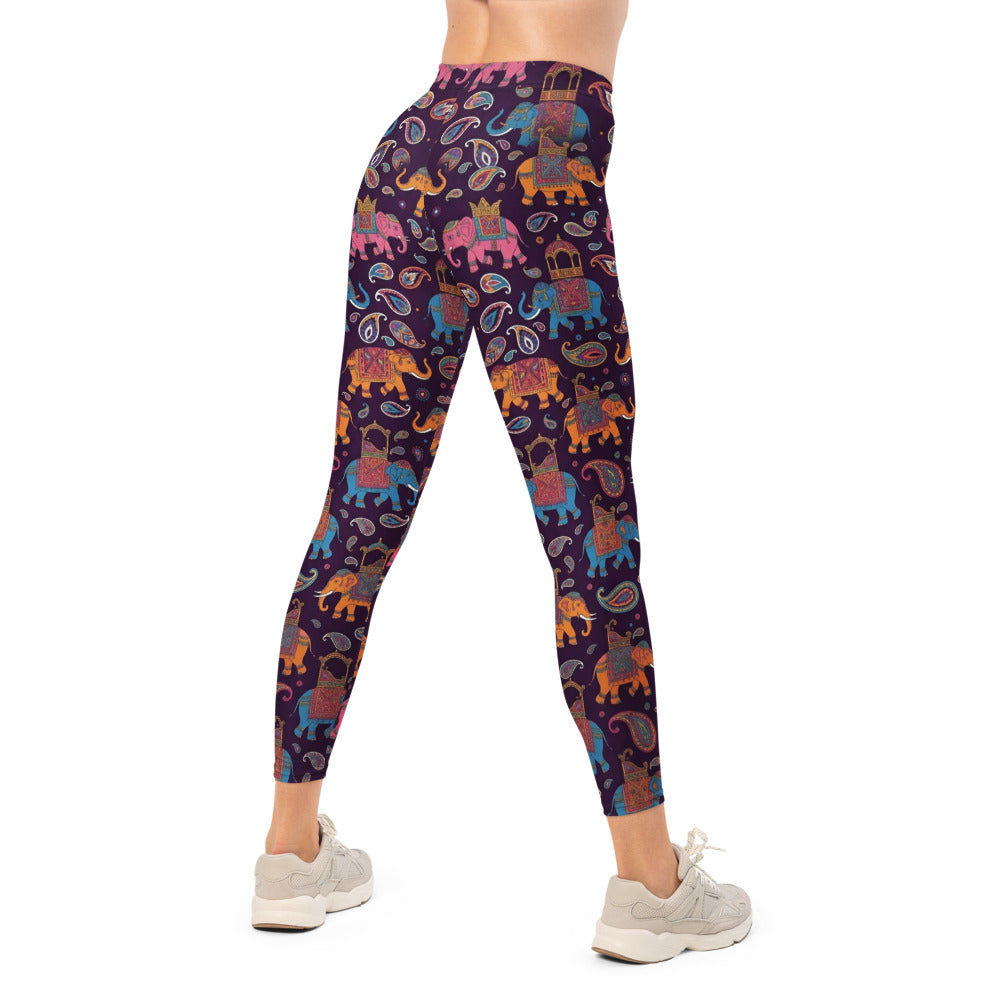 Personalisierte Damen Sportleggings Elefanten Muster Lila Paisley Design Yoga Fitnesshose Bunt A497