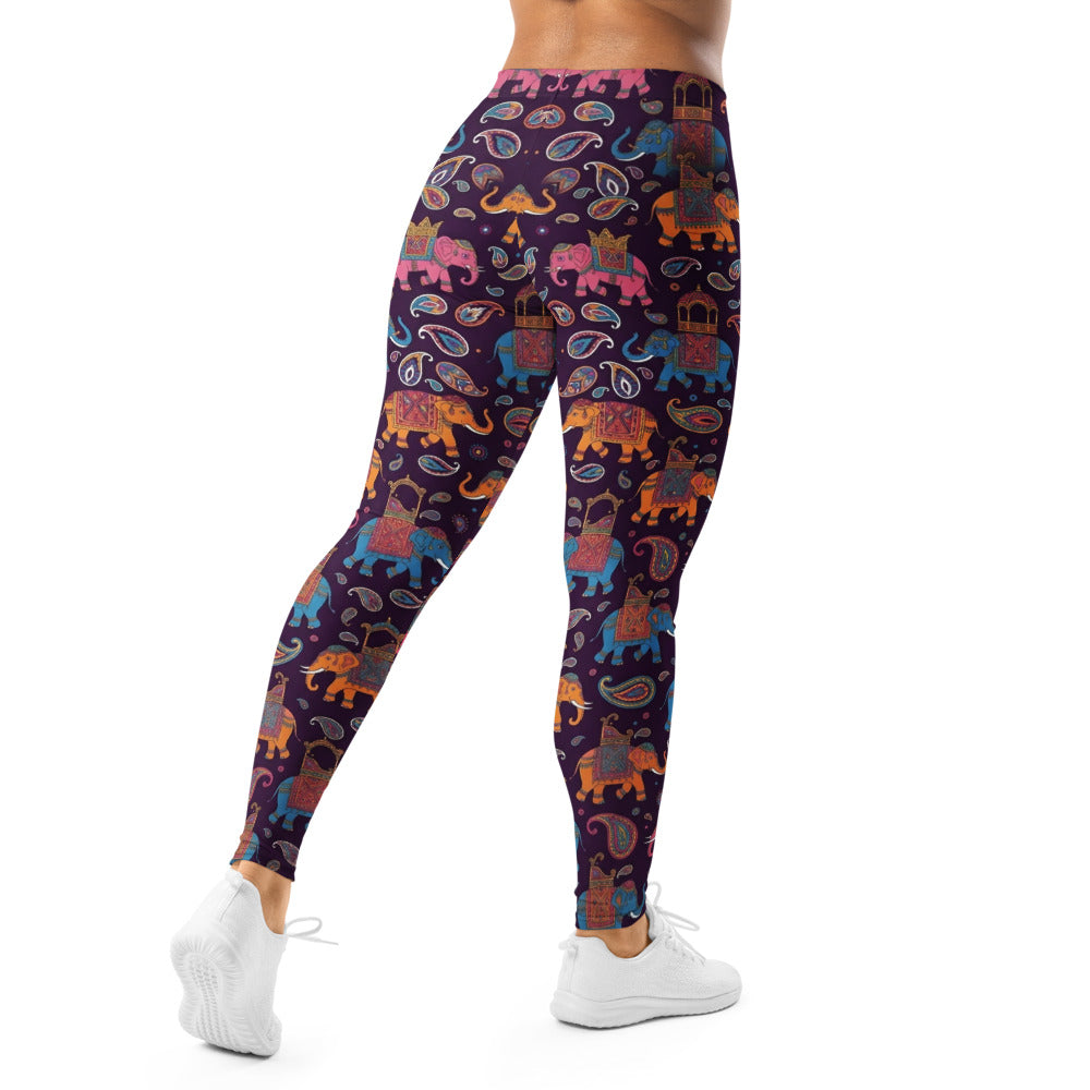 Personalisierte Damen Sportleggings Elefanten Muster Lila Paisley Design Yoga Fitnesshose Bunt A497