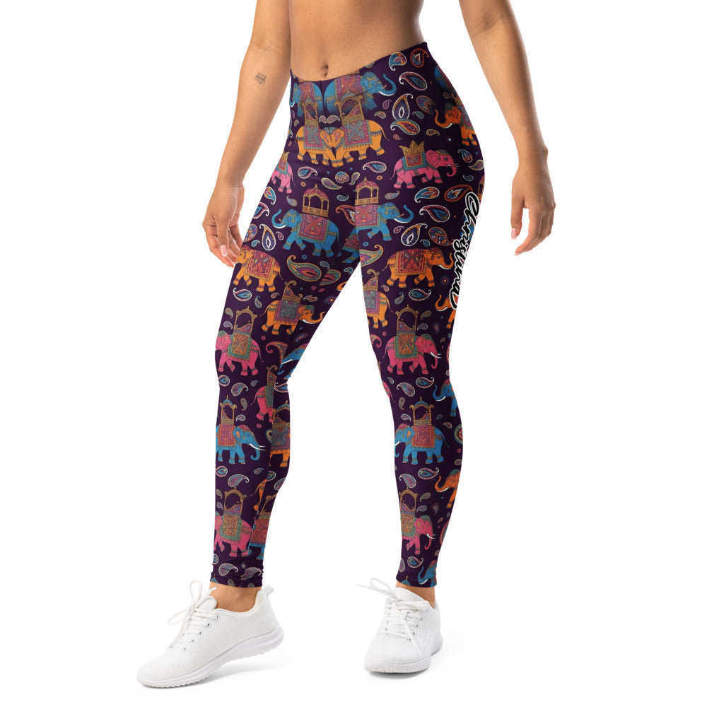 Personalisierte Damen Sportleggings Elefanten Muster Lila Paisley Design Yoga Fitnesshose Bunt A497