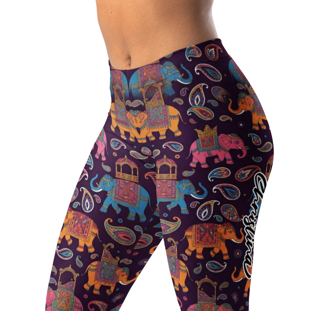 Personalisierte Damen Sportleggings Elefanten Muster Lila Paisley Design Yoga Fitnesshose Bunt A497