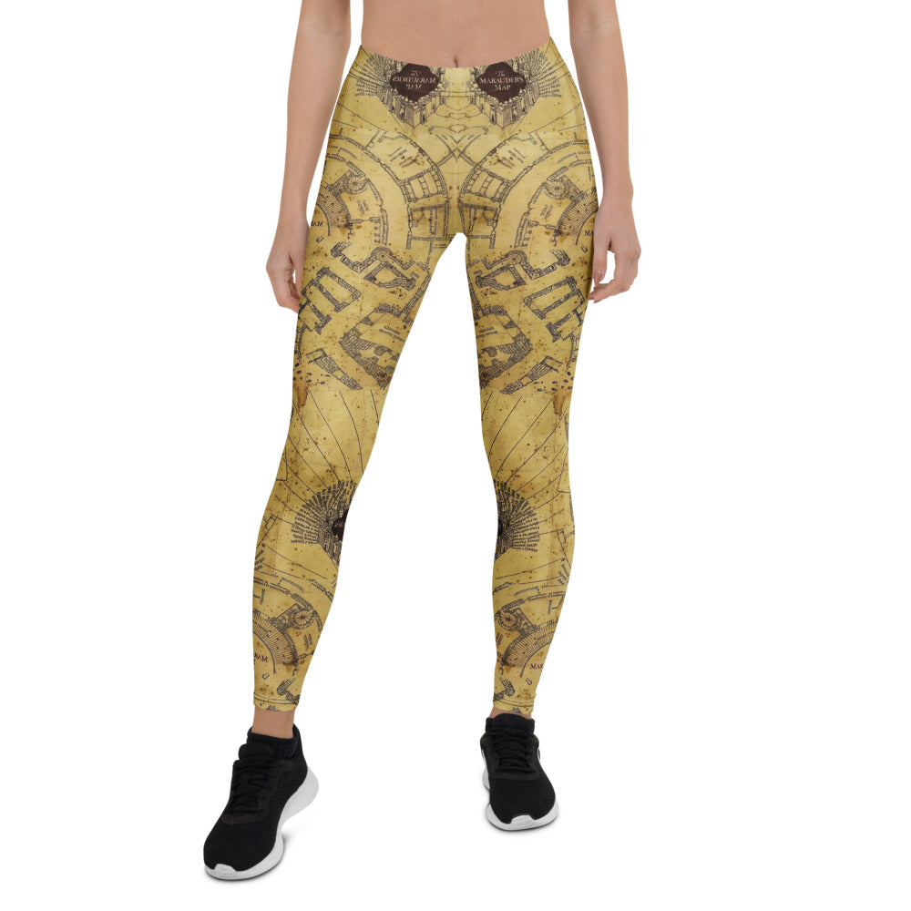 Personalisierte Damen Sportleggings Marauder's Map Design Karte des Rumtreibers Beige Fitness Yoga Leggings A110